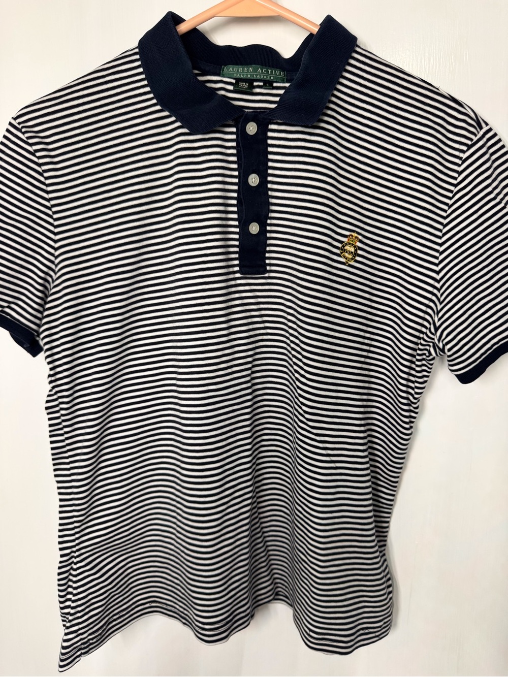 Ralph Lauren Navy & White Striped Polo with Gold Crest